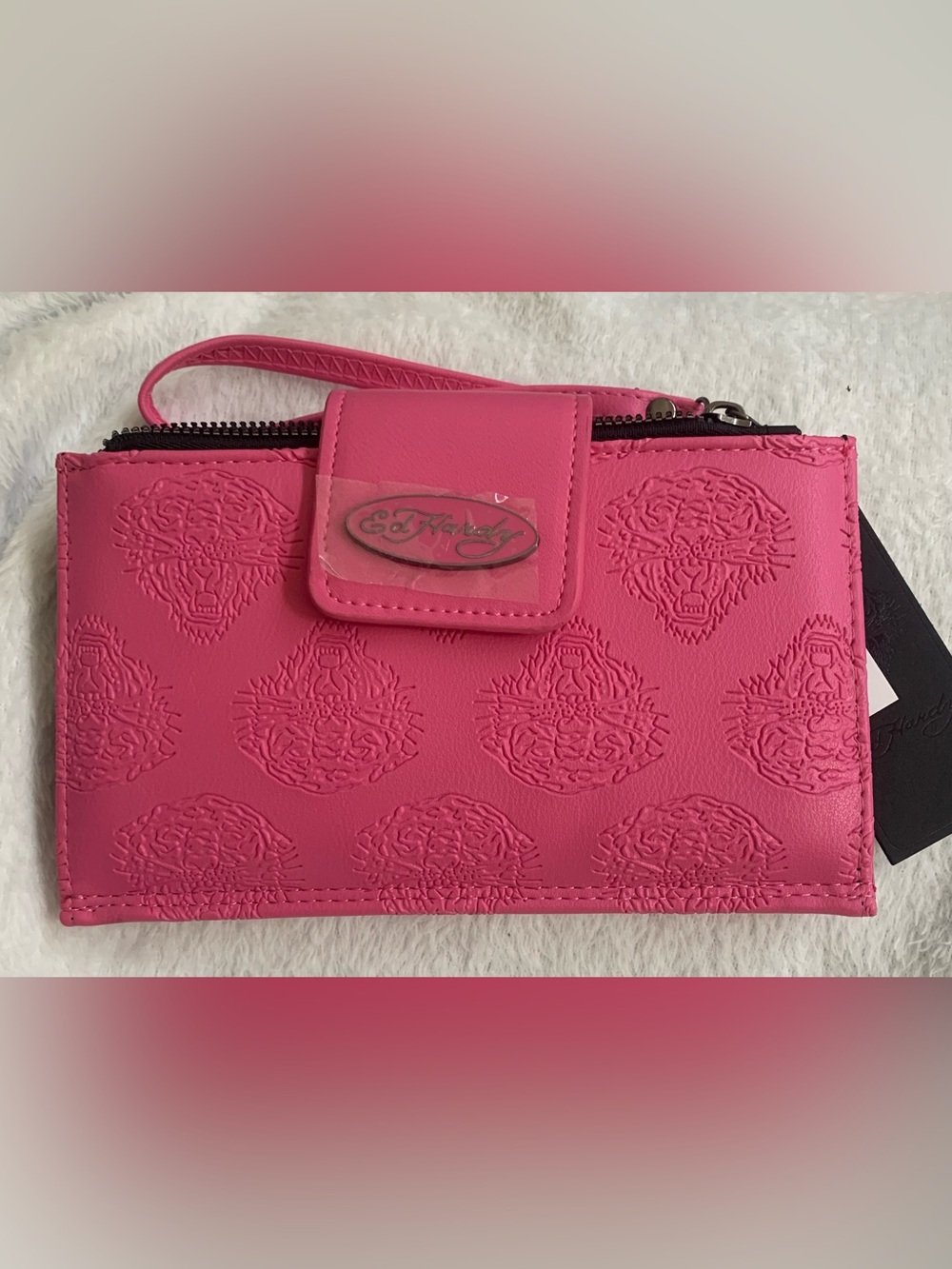 Ed Hardy Hot Pink Embossed Wristlet Clutch